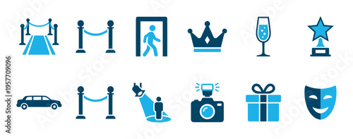 Collection of blue two-tone flat icons representing a VIP event or premiere, featuring a carpet, award, limousine, crown, camera, and spotlight