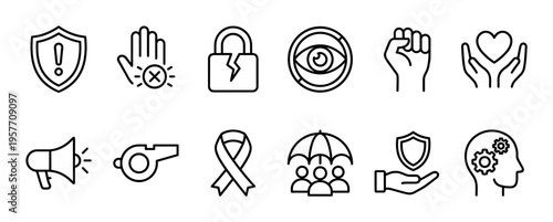 Set of black line icons representing social justice, human rights, activism, and protection concepts like protest, security, and community awareness in a minimalist outline style