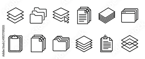 Collection of black line art icons representing files, folders, documents, and layers for user interface design, presented in a clean minimalist style for web and application concepts