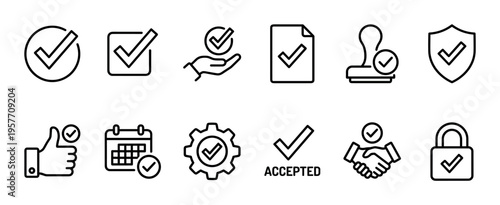Collection of twelve black outline checkmark icons representing concepts of approval, confirmation, completion, and agreement in a minimalist line art style