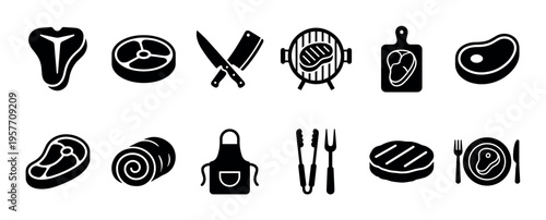 Set of black glyph icons for steakhouse and barbecue themes, including various meat cuts, a grill, cooking utensils, a butcher's apron, and a served meal