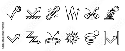 Set of bounce and rebound line icons representing flexibility, impact, reflection, and elasticity in a clean, minimalist outline style for various design applications