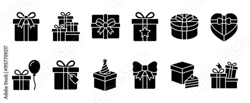 Collection of black gift box icons in a flat silhouette style featuring various presents with bows, a heart shape, a party hat, a balloon, and a cake for holiday and birthday themes