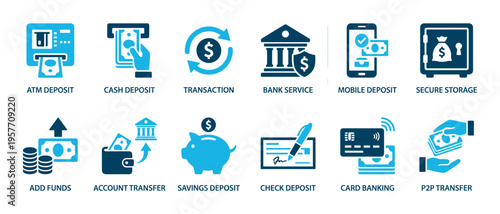 Set of blue banking and finance icons representing various financial services like ATM deposit, mobile banking, transactions, and savings in a clean and modern flat design style