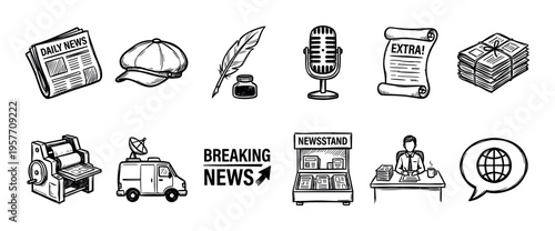 Collection of hand-drawn news media icons including a newspaper, microphone, printing press, and satellite van in a black and white sketch doodle style for journalism concepts