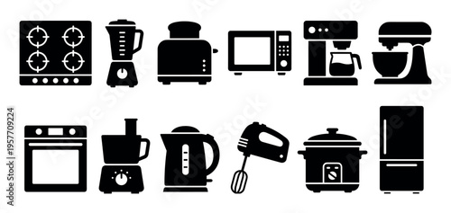 Black silhouette icons of various kitchen appliances including a refrigerator, oven, microwave, blender, and mixer, presented as a simple flat vector graphic collection for household themes
