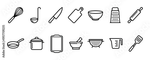 Set of kitchen utensil line icons for cooking and food preparation, featuring a whisk, knife, pot, pan, and other cookware in a minimalist black and white graphic style