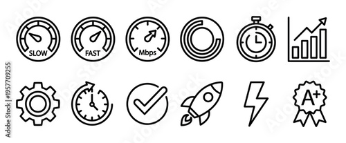 Collection of performance and speed icons representing concepts like fast loading, optimization, growth, and efficiency for business and web development projects