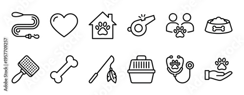 Set of pet care line icons featuring a leash, heart, shelter, whistle, adoption symbol, food bowl, grooming brush, bone, toy, carrier, stethoscope, and paw print symbol