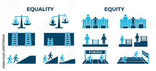 Equality versus equity infographic icon set comparing the concepts of fairness and sameness using simple pictograms of people, scales, and ladders to illustrate social justice principles