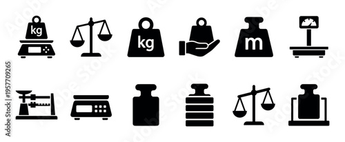 Collection of black silhouette weight and scale icons showing various measurement tools, including digital, mechanical, and balance scales with different calibration masses