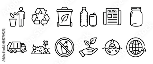 Set of black line art icons representing recycling, waste management, and environmental protection concepts like pollution, sustainability, and eco-friendly living,in a clean minimalist style