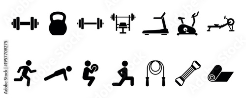 Set of black fitness and gym icons showing various equipment and exercises like barbells, kettlebells, treadmills, running, and push-ups in a simple silhouette vector style
