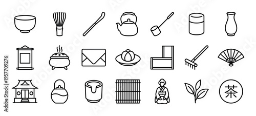 Collection of traditional Japanese tea ceremony icons in a minimalist line art style, featuring a teapot, whisk, bowl, fan, and other cultural symbols for graphic design