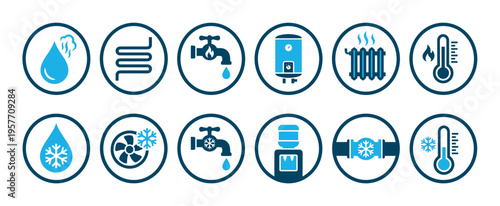 Set of blue heating, cooling, and water system icons including a radiator, boiler, faucet, thermometer, and air conditioning symbols in a clean, flat graphic illustration style