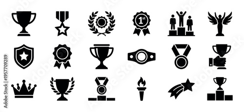 Collection of black award and victory icons representing success and achievement, featuring a trophy, medal, laurel wreath, podium, crown, shield, and first place ribbon