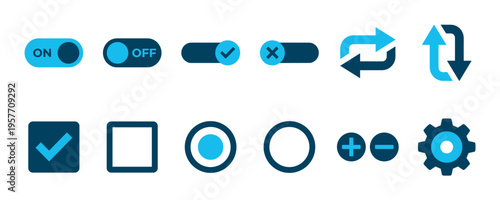 Collection of blue user interface icons for web and mobile applications, featuring toggle switches, checkboxes, radio buttons, refresh arrows, and a settings gear in a modern flat design