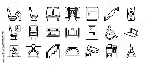 Public transport vehicle interior and safety icons collection showing seats, luggage rack, security camera, and accessibility symbols in a minimalist black line art style