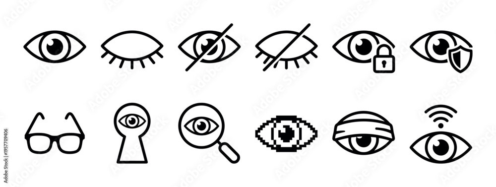 Obraz premium Collection of black line art icons representing vision, sight, privacy, and security concepts like a blindfold, lock, shield, magnifying glass, and pixelation