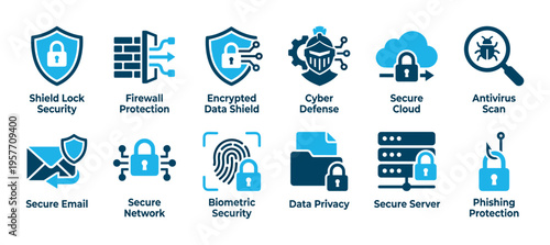 Cybersecurity icon set with various symbols for data privacy, firewall protection, secure server, and antivirus scan in a flat blue vector illustration style for digital concepts