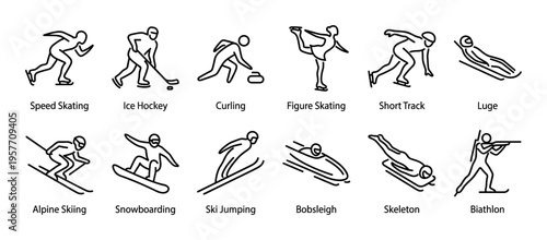 Collection of twelve winter sports icons depicting athletes in various disciplines like skiing, skating, and sledding in a minimalist black line art pictogram style with labels