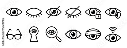 Collection of black line art icons representing vision, sight, privacy, and security concepts like a blindfold, lock, shield, magnifying glass, and pixelation
