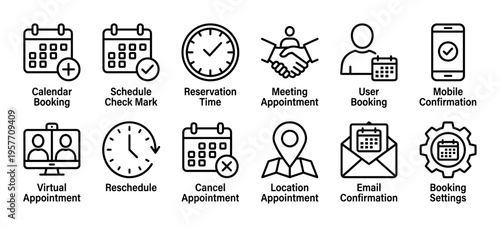 Booking and appointment line icon set for scheduling and reservation management in a minimalist outline style for user interface design