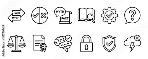 Set of black line icons representing fact checking, myth debunking, and truth verification with symbols for research, true or false scales, and certified documents in a minimalist style