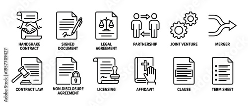 Set of twelve black line icons representing legal agreements, business contracts, and partnerships, including symbols for handshake, signature, merger, and non-disclosure