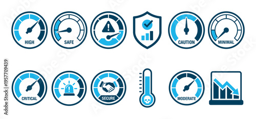 Set of blue risk assessment icons featuring various gauges, meters, and symbols to indicate levels like high, critical, secure, and safe for performance dashboards and infographics