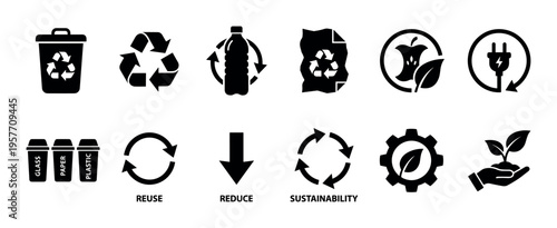 Set of black vector glyph icons for ecology and sustainability, including symbols for recycling, waste sorting, reuse, reduce, and environmental protection concepts