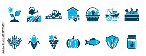 Set of blue agriculture and farming icons representing food production, including a tractor, harvest basket, fishing boat, beehive, and various crops like wheat, corn, and grapes