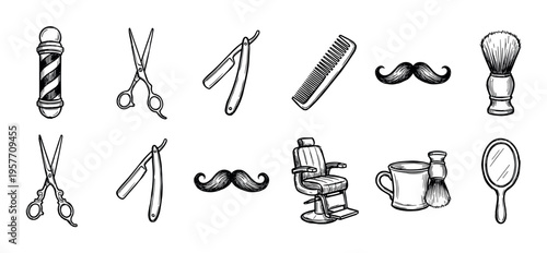 Hand-drawn barbershop equipment and grooming icons featuring a pole, scissors, razor, comb, mustache, brush, and chair in a black and white doodle illustration style