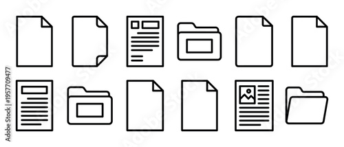 Collection of black outline document icons showing various file types, folders, and pages with text, presented in a simple and clean minimalist graphic style for user interface design