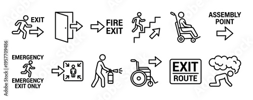 Set of black line emergency exit icons showing evacuation routes, assembly points, and fire safety procedures for public buildings, including symbols for accessibility and hazard response
