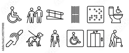 Disability and accessibility thin line icon set representing various physical impairments and special needs like wheelchair, ramp, guide dog, elevator, and tactile paving for inclusive design