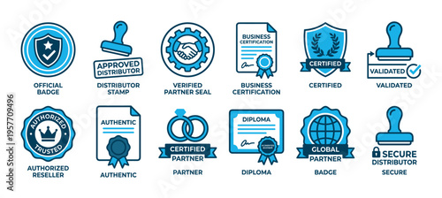 Collection of blue and black certification icons including badges, stamps, and seals representing business concepts like trust, partnership, quality, authenticity, and validation
