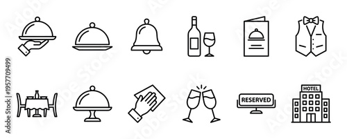 Restaurant and hotel service line icon set with a cloche, wine, menu, and reception bell, illustrating hospitality, booking, and dining concepts in a minimalist outline style