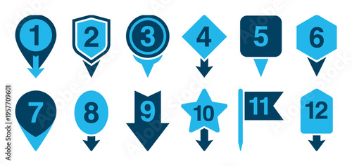 Set of twelve blue numbered pointers in various geometric shapes for infographics, maps, or step-by-step instructions, presented as a modern flat vector illustration