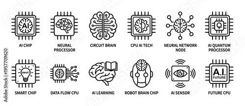 Collection of black line icons representing artificial intelligence concepts like neural networks, processors, and smart chips in a minimalist graphic style for technology design