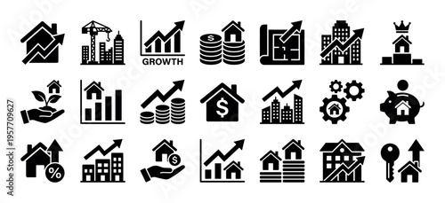 Set of black real estate investment icons representing property market growth, housing finance, construction, and home ownership concepts in a simple glyph style