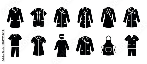 Collection of black medical uniform icons showing various professional clothing like lab coats, scrubs, and surgeon gowns in a simple silhouette style for healthcare concepts