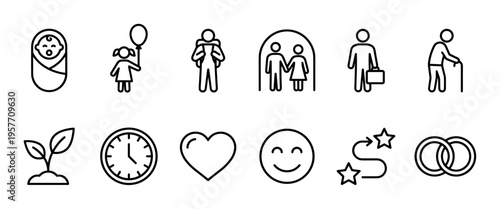 Set of black line icons illustrating the human life cycle journey from birth to old age, including milestones like marriage and career alongside symbols for love, time, and growth