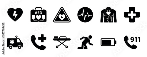Collection of black medical emergency icons for cardiac arrest and first aid, including a defibrillator, ambulance, heartbeat, and emergency call symbol, presented as a simple glyph set