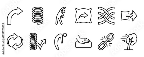 Set of twelve black line icons representing concepts of flexibility, resilience, adaptability, and change, featuring symbols like a bending tree, spring, and stretching figure