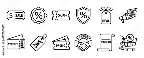 Set of black outline vector icons for retail promotions and sales, featuring various symbols like a coupon, voucher, discount tag, percentage sign, and special offer megaphone