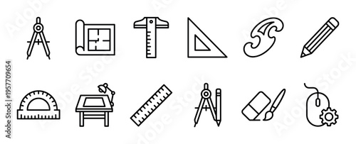 Set of black line art icons for architecture and engineering featuring drafting tools like a compass, ruler, blueprint, and protractor for technical drawing and design projects