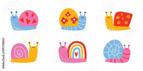 Cute snail set. Colorful snails with decorative shells. Spring nature collection for kids design, stickers, nursery decor and scrapbook. Vector illustration isolated on white background.
