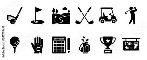 Collection of twelve black golf sport icons including a club, ball, cart, course, trophy, and scorecard presented in a minimalist silhouette vector style