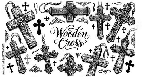 Collection of intricately designed wooden crosses and decorative elements